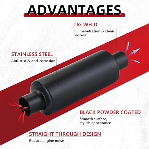 Image of LCGP 2 inch Inlet Universal Resonator Muffler, 2 inch Outlet 13.77 inch Overall Length Stainless Steel High Performance Muffler, Polished, Pass-Thru Design Black 2pack