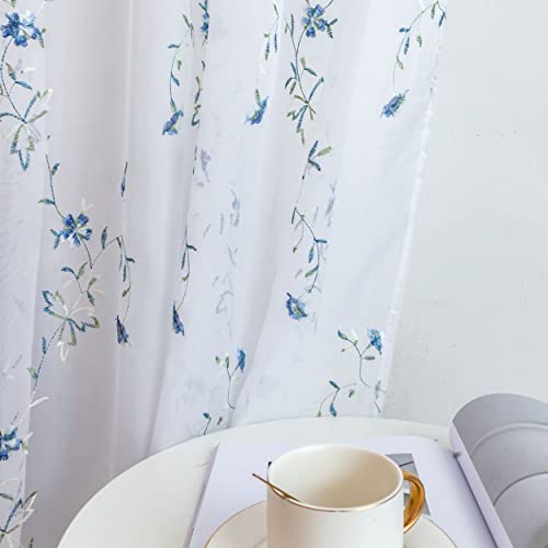 Taisier Home Floral White Sheer Curtains Flower Print Vine Embroidery Bedroom Curtain Rod Pocket Voile Window Curtains For Living Room, 52 X 45 Inches Long, Set Of 2 Panels,Blue Buds With Green Branch #TOP1