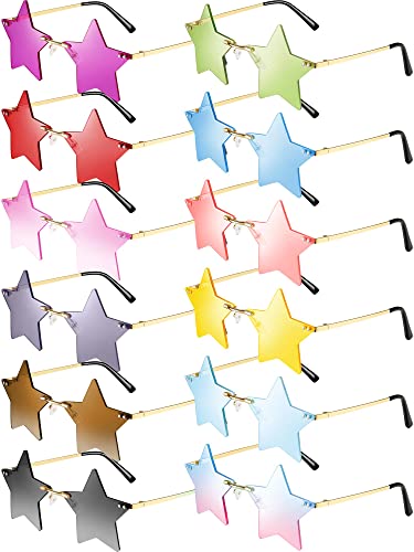 12 Pairs Star Shape Sunglasses Rimless Sun Glasses Colorful Fun Sunglasses Party Disco Accessories Women Trendy Cosplay Glasses Cute Personality Pentagram Eyewears for Women Men Costume, 12 Colors