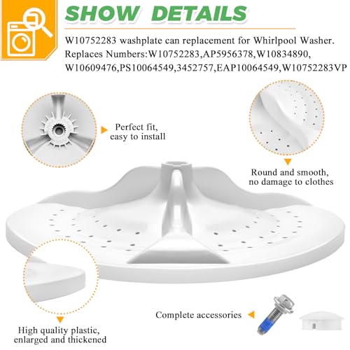 Upgraded W10752283 Washer Washplate Compatible for Whirlpool Washing Machine by Techecook - wtw5000dw1 Washplate Replaces w10609476, w10834890, ps10064549, AP5956378, 3452757