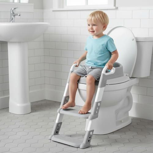 Crystals Portable Toddler Potty Training Seat with Step-Foldable Child Toilet Seat for Boys & Girls Comfortable Potty with Ladder Anti-Slip Design for Kids Toilet Training Easy Step-Up (Grey)