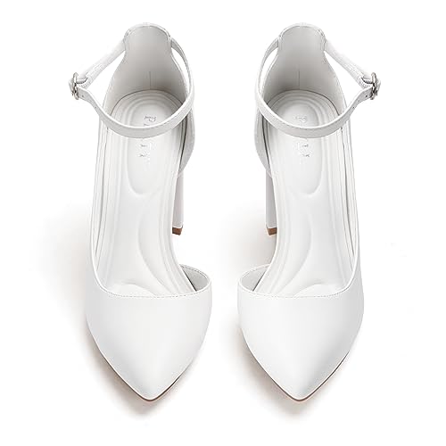 Women's 3-Inch Closed Toe Chunky Heels Pumps Ankle Strap Dress Wedding Shoes,Niki-White Pu-6.53
