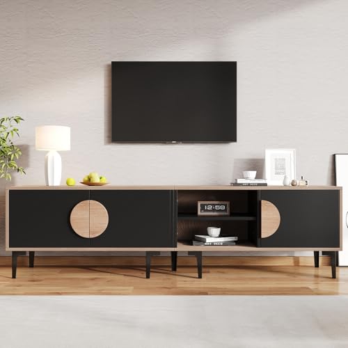 PUGSDRLY Meuble TV Bas 180 x 35 x 49 cm, Meuble TV pour Salon avec Compartiments de Rangement Ouverts, adapté aux téléviseurs de 80 Pouces (Black,Oak)