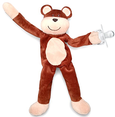 Snuggieboo Pacifier Holder - Teddy Bear with Rattle - Funny Plush Stuffed Animal Toy Doll Leash Clip. Will Hold Most Loop Pacifiers 100% Washable Polyester Material.