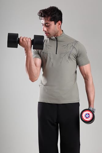 Image of GROW Stylish Gym T Shirts for Men Workout | Cotton and Spandex Quarter Zip Back Printed Collar T Shirts for Men Half Sleeves