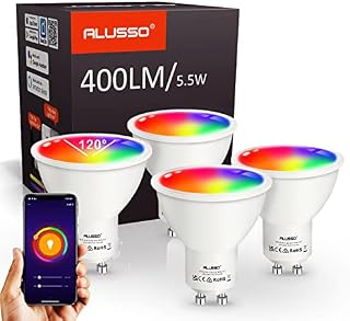 ALUSSO WiFi Smart GU10 LED Bulbs, White & Colour 120° Light Bulbs, Dimmable 5.5W RGB/WW/CW, Compatible with Alexa Google Home, Adjustable 2700K-6400K, No Hub Required, 4 Pcak