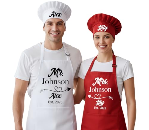 Couples Aprons and Chef Hats with Custom Names