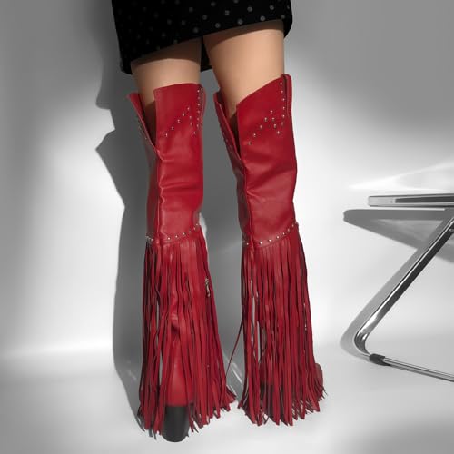 richealnini Fringe Thigh High Boots with Tassels Wide Calf Over Knee Western Cowboy Boots3