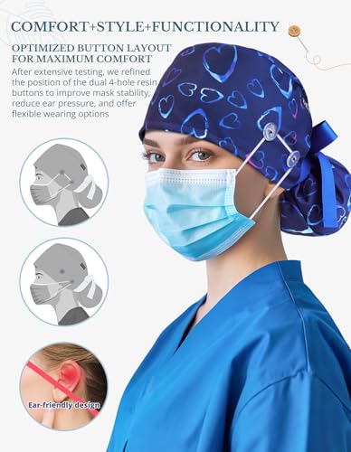 Ponytail-Scrub-Cap-for-Women--Blue-Heart-Surgical-Cap-with-Buttons-Sweatband-Double-Sided-Print-Adjustable-Surgical-Hat-for-Women-to-Secure-Long-Hair-and-Helps-Reduce-Static-Buildup