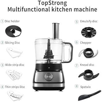 Food Processor, TopStrong 800W Food Processor Multifunctional for Chopping, Slicing, Shredding, Mixing and Kneading Dough, 3 Speeds with Pulse, 3-in-1 Cutting Disc, Dishwasher Safe Parts, Silver