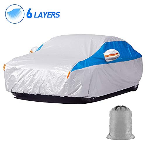 HIRALIY 6 Layers Waterproof Car Cover Fit 178 to 193 inch, All Weather Snowproof UV Protection Windproof Outdoor Full car Cover, Universal Fit for Sedan