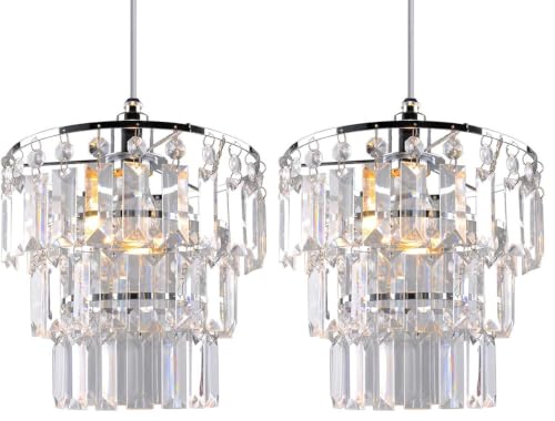 Image of Crystal Light Shade, Modern Chrome Chandelier Ceiling Pendant Light Shades,3 Tiers Crystal Acrylic with Clear Jewel Effect Droplets,Chrome Frame and Clear Beads, PS02CLR (Pack of 2)
