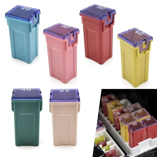 Bookeel Pack-6 Car Fuse Combination Set, 20A 25A 30A 40A 50A 60A Multi-Specification Color Coding Fuses, 1.06" x 0.47" x 0.39" Square Blade Fuse Replacement, Universal for Cars (Multicolored)