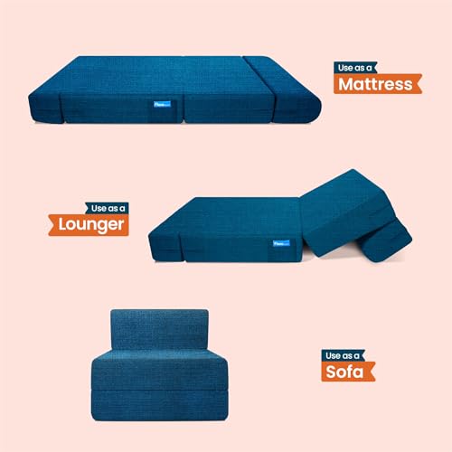 Image of Starlon 1 Seater Sofa Cum Bed Foldable 3-in-1 Sofa Bed with 1 Year Warranty, Washable Jute Fabric Cover & 1 Geometrical Pillows | Aqua Teal 3x6 Ft