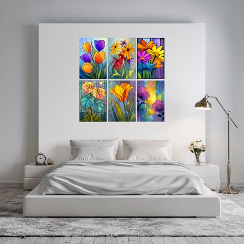 Image of SiddArtify Floral Stained Glass Wall Art Poster Print Set - Modern Flower Decor for Living Room Bedroom Office - 12x18 inch Board Pack of 6