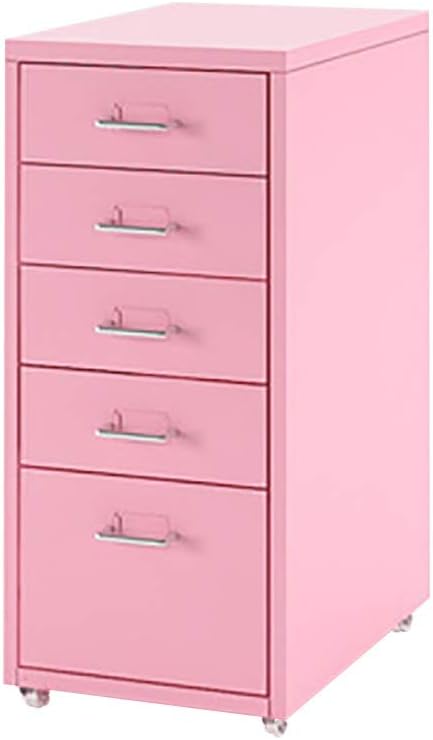 Vertical Mobile File Cabinet - 5 Drawer Rolling Storage with Lock Compact Metal Officeon Wheels - Portable Lateral Filing Cabinet for Home & Office Rosa
