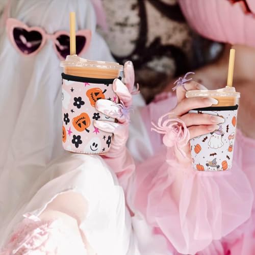 Image of Reusable Insulated Neoprene Iced Coffee Cup Sleeve, Durable Drink Sleeve for Cold Beverages, Beverage Holder for Iced Coffee, Hello Pumpkin