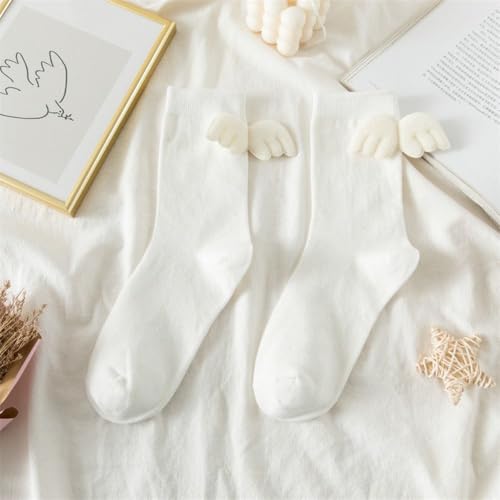 Elastic Polyester Cotton Breathable Angel Wing Streetwear Sport Socks Knitted Stocking Middle Tube Socks Long Socks(White)2