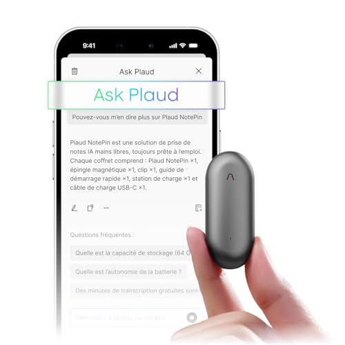 Plaud NotePin Enregistreur Vocal IA Contrôle par Application Prise de Notes IA Transcription Résumé IA Compatible avec 112 Langues Mémoire 64 Go Dictaphone...