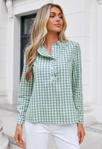 Halife Womens Loose Puff Sleeve Tops Ruffle Collared Vneck Gingham Shirt - image 3