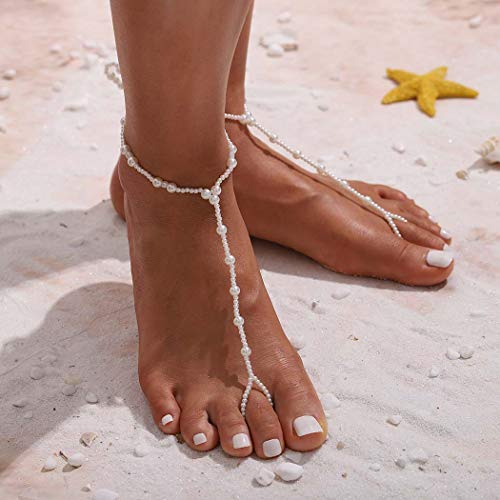 Image of Yalice 2Pcs Layered Pearl Barefoot Sandals Elastic Beaded Foot Chain with Toe Ring Bridal Beach Wedding Foot Jewelry for Women