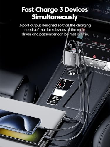 Image of INICIO Retractable Car Charger, 105W 4 in 1 with 80cm PD 45W Type-C Cable, 30W USB C Port & 27W iPhone Fast Charging Car Adapter for iPhone 16 15 14 13 Galaxy S24 Ultra iPad Pro Pixel 9 8 etc