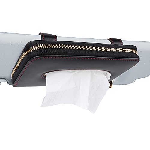 TLOG Car Tissue Holder, Car Visor Tissue Holder, Car Visor Napkin Holder, PU Leather Auto Tissue Box, Hanging Paper Towel Clip, Tissue case Holder for Car with Tissue Refill & Car Paste Pocket, Black
