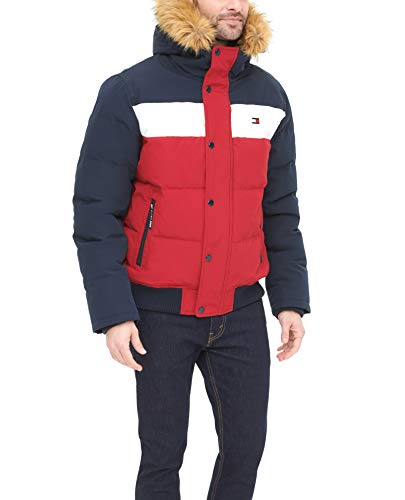 Tommy Hilfiger Men's Arctic Cloth Quilted Snorkel Bomber Jacket, Navy/White/Red, Medium #TOP4