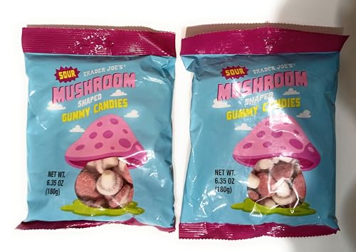 Trader Joes Sour Mushroom Shaped Gummy Candies, 6.35 oz (180g), Pack of 2
