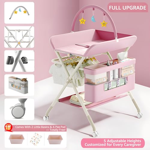 Image of Changing Table, Portable Baby Changing Table with Wheels, Upgraded Foldable Diaper Changing Station with 5-Level Adjustable Height & Large Nursery Organizer Storage for Newborn Infant (Pink)