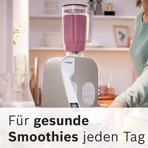 Bosch Küchenmaschine Serie 4, integrierte Waage, Mixer 1,25 L, Edelstahl-Schüssel 3,9 L, Profi-Knethaken, Schnee-, Silikonbesen, Durchlaufschnitzler, 4 Scheiben, 1000 W, weiß, MUM5XW20