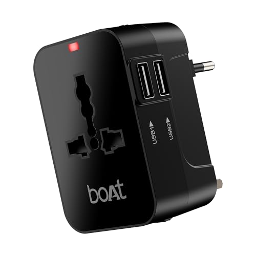 Boat Universal Travel Adapter C10 Compatible with US, UK, EU & AU Plug Types, Two USB Ports with 10W Max Support, 5-in-1 International Travel Adapter with Overheat/Overcharge Protection
