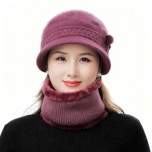 [KaiLoop] ニット帽子 裏起毛 レディース おばあちゃん ぼうし 裏ボア シニア 秋冬 祖母 暖かい 中高年 60代 70代 ぽかぽか 婦人帽 防寒 母の日 敬老の日 お母さん ニットキャップ 年配向け プレゼント (パープル) - KaiLoop - 商品画像