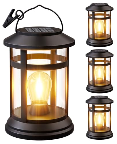 NFEVER Solar Lanterns Outdoor Waterproof: 4 Pack Hanging Solar Lights for Outside Patio Porch Garden Tabletop Decor - Bright LED Warm White Solar Powered Lighting - Unique Gardening Lovers Mom Gifts