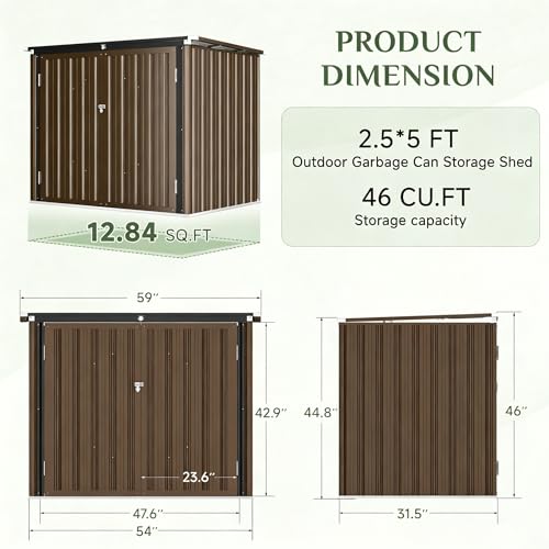 Image of AECOJOY Outdoor Trash Can Storage Shed, 46 Cu.Ft Metal Garbage Bin Enclosure with Lift-Up Lid & Gas Strut, Waterproof Outdoor Garbage Can Organizer, Bike Shed Backyard Patio Garden, Brown