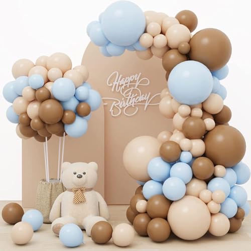 Image of Retro Brown Beige and Blue Balloons 50 pcs Cream Tan Pastel Blue Boho Theme Balloons Garland Kit for Welcome Baby Shower Birthday Anniversary Party Decorations (RK 8)