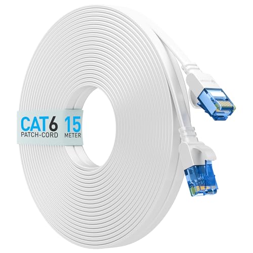 Image of CABLET Cat 6 Ethernet Cable 15 Meter | 100% Pure Copper Flat RJ45 LAN Cable | 1Gbps 250MHz High Speed Internet Cable | UTP Network Patch Cord for Router, Modem & PC | White (15 Meter)