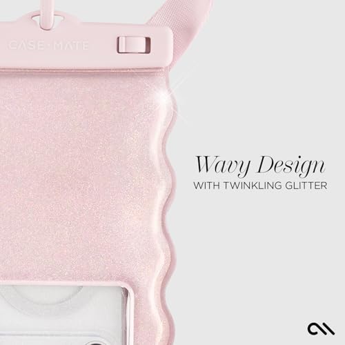Image of Case-Mate Wavy IP68 Waterproof Large Phone Pouch - Ballet Pink Twinkle | Hidden Pocket for Card /Cash - Floating Phone Case w /Crossbody Lanyard - Fits All Phones - Beach Cruise Ship Travel Essentials