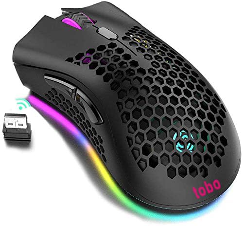 Tobo Lightweight Gaming Mouse, Honeycomb Design Rechargeable Wireless Gaming Mouse with USB Receiver RGB Backlight Computer Mouse for Laptop PC (Black) (BM600)
