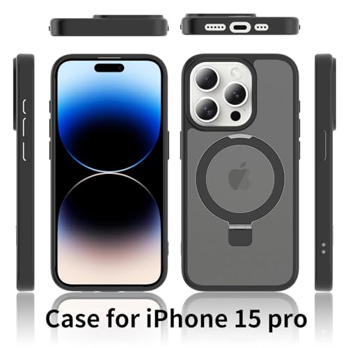 Image of Magnetic for iPhone 15 Pro Case, 6.1 inch, Compatible with MagSafe, Rugged Kickstand, Not-Yellowing Military-Grade Protection, Matte Black