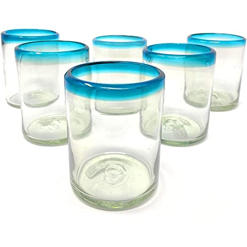 Set de 6 vasos de vidrio soplado mexicano con borde azul
