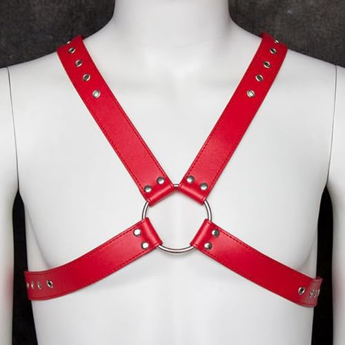 Punk Body Brust Harness für Herren - Leder Brustgurt, Gothic Kleidung Einstellbar, Sexy Sklave Bandage Kostüm, Schultergurt für Cosplay Nachtshow-Kostüm Clubwear (Rot)