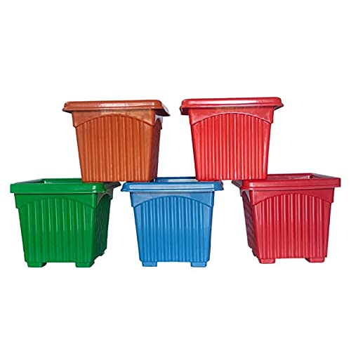 Synergy Plast Plastic Square Shape Flower Pots ‘5 Pcs, 14 Inch’ Heavy Duty Plant Containers/ Planter/Gamla Plant Pot for Gardening, Balcony, Terrace, Home Decor Indoor & Outdoor Planter (Pack of 5, Multicolour)