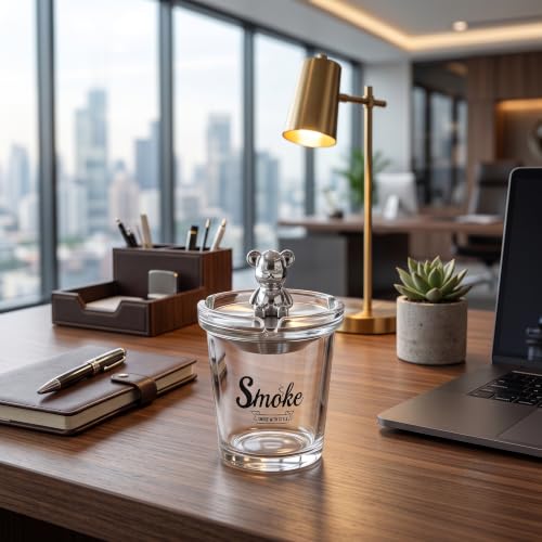 Image of NYRWANA Glass Ashtray with Stainless Steel Funnel | Portable Cigarette Ashtray | Windproof Ash Cup Holder for Home, Office, Bar, Living Room, Patio & Smoking Area | Clear Glass