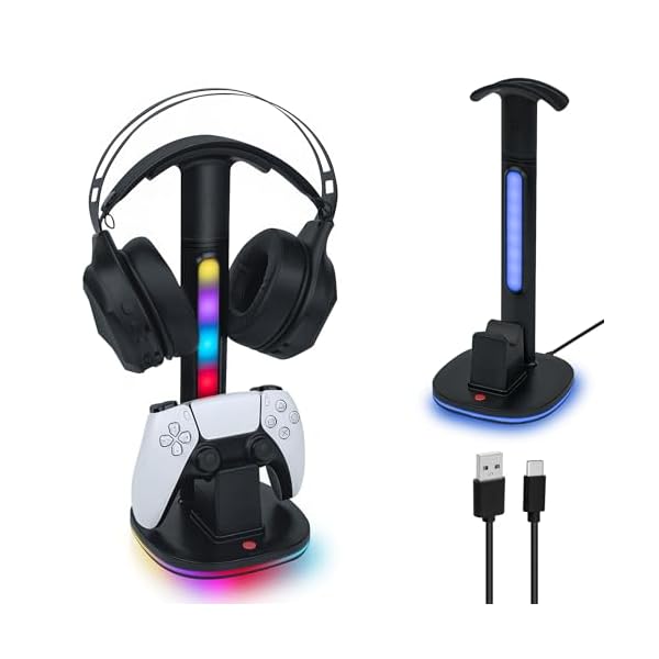 Mcbazel RGB Headset Stand with Charging Station for PS5/PS5 Edge Controller, Controllers Stand & Playstation 5 Controllers Holder, Premium RGB Gaming Headphone Holder – Black
