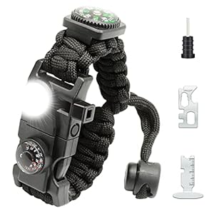 20 in 1 Survival Paracord Bracelet Adjustable Gear Kit with SOS LED Light, Fire Starter, Bigger Compass, Survival Whistle, Perfect for Camping, Hiking, Fishing
