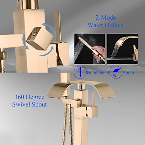 Senlesen Bathroom Tub Filler Faucet Floor Mounted Bathtub Shower Faucet Waterfall Spout Free Standing Tub Mixer Tap With Handheld Sprayer Gold Polished #TOP1