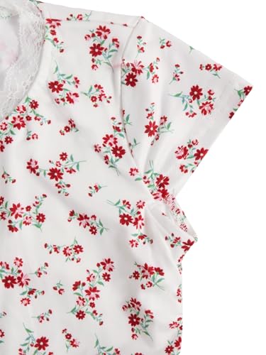 Image of RoseSeek Girl's Ditsy Floral Print Lace T Shirt Short Sleeve Ribbed Ruched Cute Tee Shirts Summer Tops