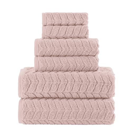 Image of Elegant Comfort Luxury 6-Piece 100% Turkish Cotton Jacquard Braided Textured Premium Hotel Quality Towel Set- Soft and Absorbent, Includes 2 Bath Towels, 2 Hand Towels and 2 Washcloths, Dusty Pink