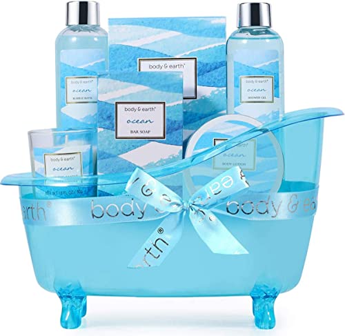 BODY & EARTH Bath Sets for Women Gifts, Spa Gift Set 7Pcs Ocean Scented with Shower Gel, Lotion, Salts, Mum Pamper Gift, Friends Birthday Christmas Mother's Day Gifts Her Him, White, 1.0 count